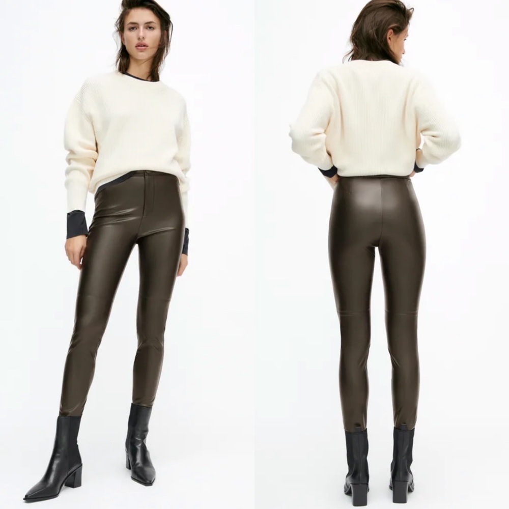 NWT ZARA green faux leather straight leg side zip and ankle zipper legging pants